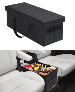 A portable storage box suitable for use in the back seat of a car, at home, or as a container for tools or picnic supplies