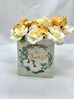 Be thankful flower arrangement-NEW-silk white roses, leaves, fall, autumn, Thanksgiving, gift, decor, decoration