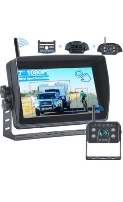 Wireless RV Backup Camera System with Blind Spot Detection, 7'' HD Touch Screen Monitor with 1080P Rear View Camera, Loop Recording IP69 Waterproof IR