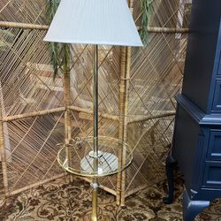 Brass And Glass Standing Lamp With Table 