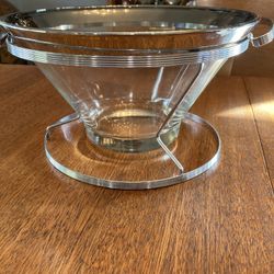 Vintage Mid Century Modern Silver Banded Rim Glass Fruit Bowl With Stand Mcm