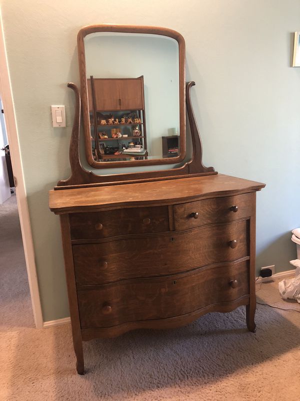 Antique Vintage Oak Serpentine Dresser With Vanity Mirror For Sale