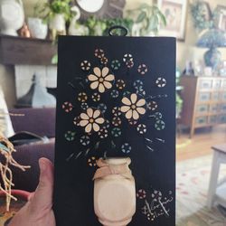 Vintage 70's Handmade Folk Tramp Art Nail Head Flower Art "Blooming Nails"Wooden Plaque. Signed by Artist.