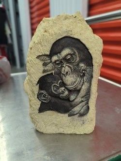 Vintage Handmade Etching Stone Rock Chimpanzee Monkey Mama Baby Figurine Used
