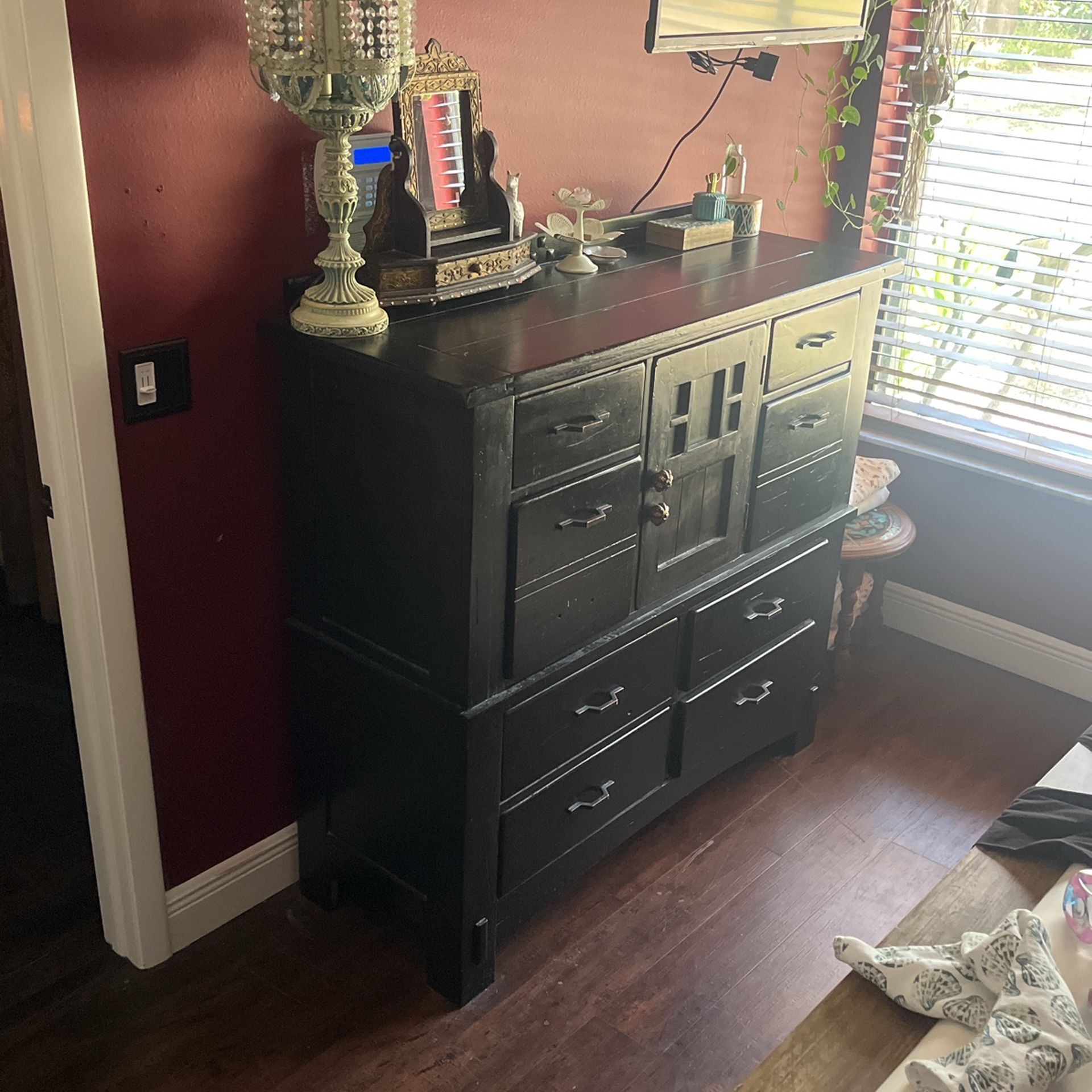Large Solid Wood Dresser - Heavy - Dark Brown With Moroccan Style Door Knobs- Can Be Sanded & Repainted If You Like.