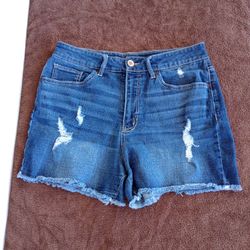 Time And Tru Shorts Womens Size 14 Cut Off Destroyed Denim High Rise Dark Wash