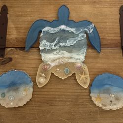 Resin Turtle And Coasters  Size 10x12 Turtle And 5 Inch Coasters Hand Made 
