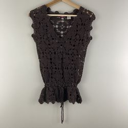 SAY WHAT? Vintage Y2K 2000 Dark Crochet V Neck Drawstring Waist Short Sleeve Top