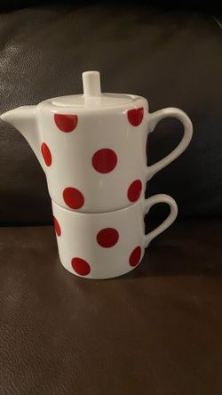 White Ceramic Teapot and Mug Set with Red Polka Dots