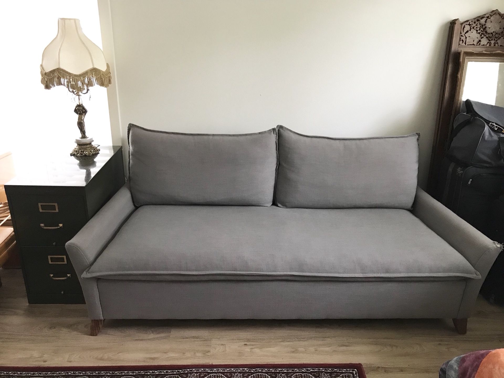 Puppy Chewed West Elm 79.5” Bliss Sofa Gravel Gray Linen Blend Down Filled Couch Made in USA