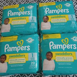 4 Packs of 20 Count,  Pampers Diapers.  New.  $6 each or all 4 bags for $20 