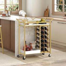 Bar Cart with Wine Rack, Bar Cart for Home, Gold Wine Cart with Wheels, Drink Cart with Glass Holder, Serving Cart for Kitchen, Gold and White RCJW181