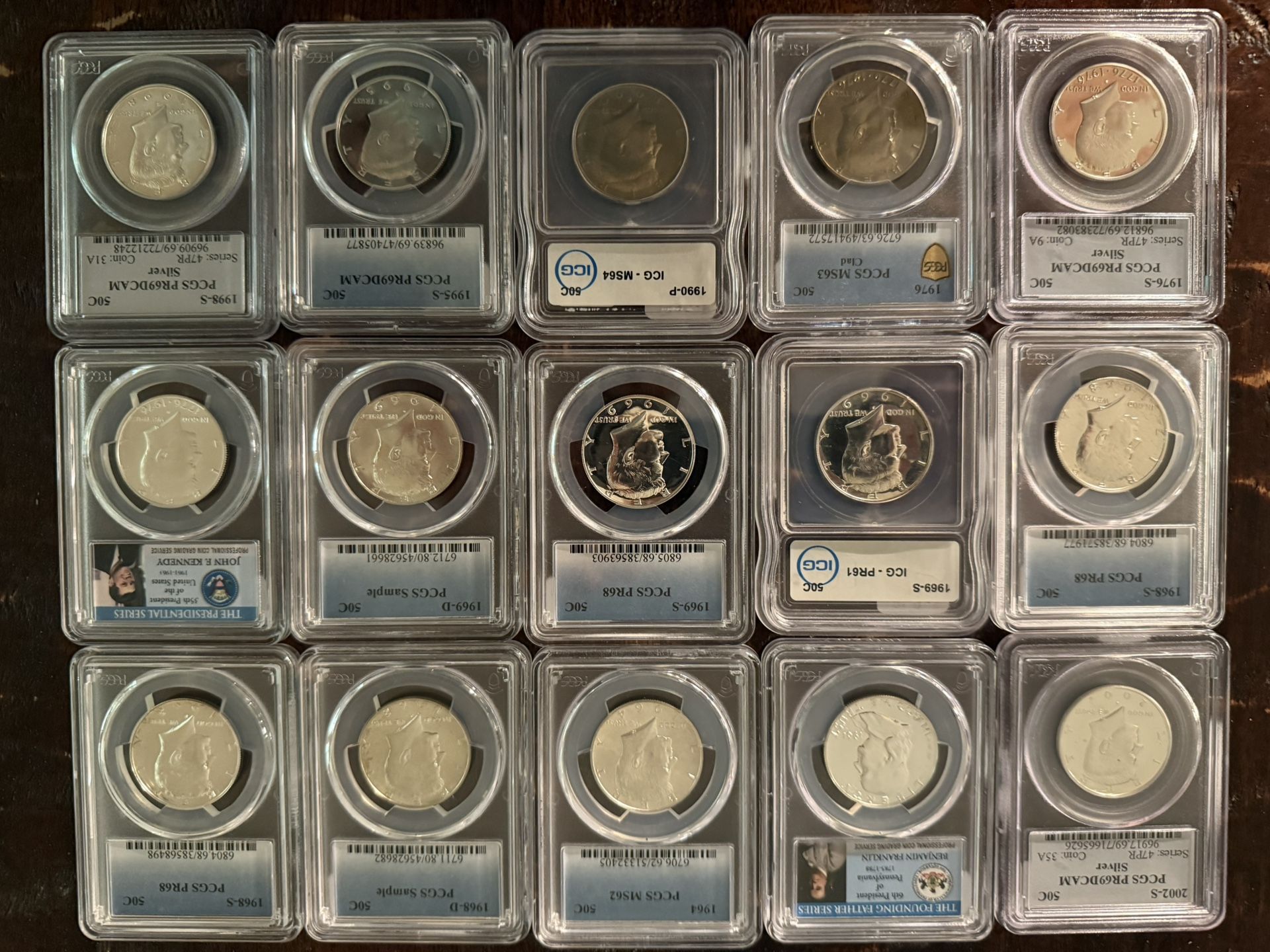 New shipment of graded silver Kennedy and Franklin half dollars.