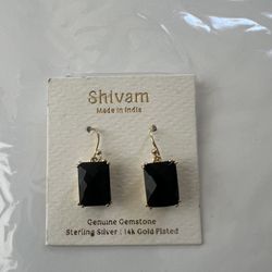 Genuine Gemstone Sterling Silver 14k Gold Plated black onyx earrings 