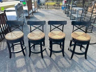Set of 4 Black Counter-Height Bar Stools with Woven Seats