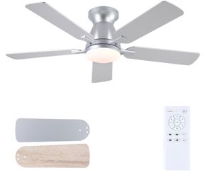 46 Inch Ceiling Fan with Lights and Remote Flush Mount Indoor Silver Modern Low Profile Ceiling Fan for Low Ceiling, Quiet DC Motor, Reversible Airflo