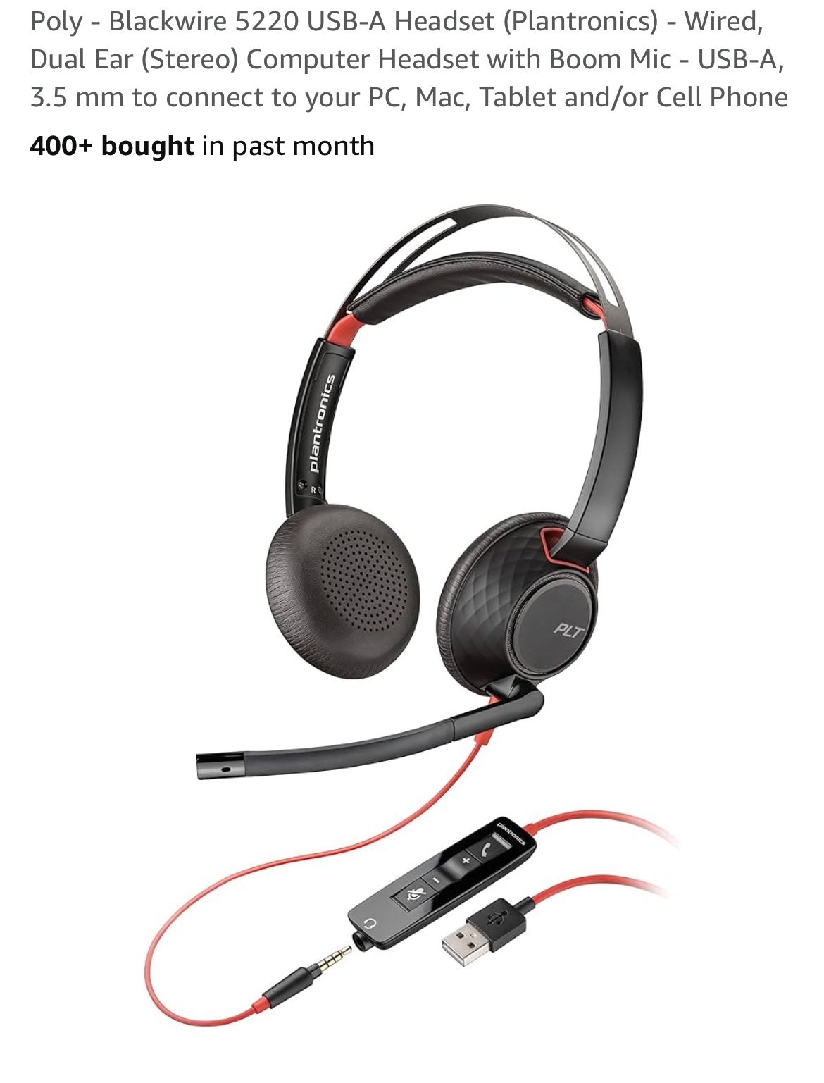 Poly - Blackwire 5220 Headset with Boom Mic