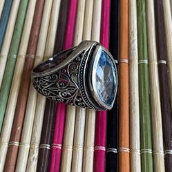 Vintage Ring Blue Topaz Gemstone , 925 Sterling Silver , Oval Faceted, Western Ring, Arabic Design