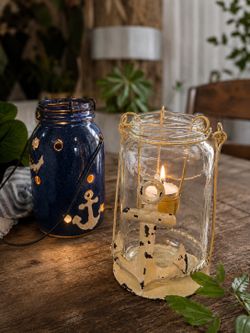 Set of 2 Nautical Coastal Lanterns – Anchor Mason Jar Candle Holders – Beach House Decor