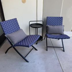 New In Box 2 Chair And 1 Rolling Table Cart Navy Blue And Black Or Beige Patio With Pillows Furniture Set 