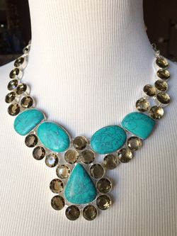 Sterling Silver.925 Santa Rosa Turquoise And Smockey Quartz Necklace