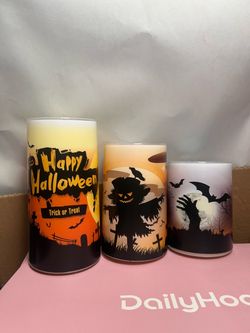 Set of 3 Halloween Waterproof Flameless LED Pillar Candle with Timer Remote Realistic 3D Flame Battery Operated Candle with Long Battery Life for Porc