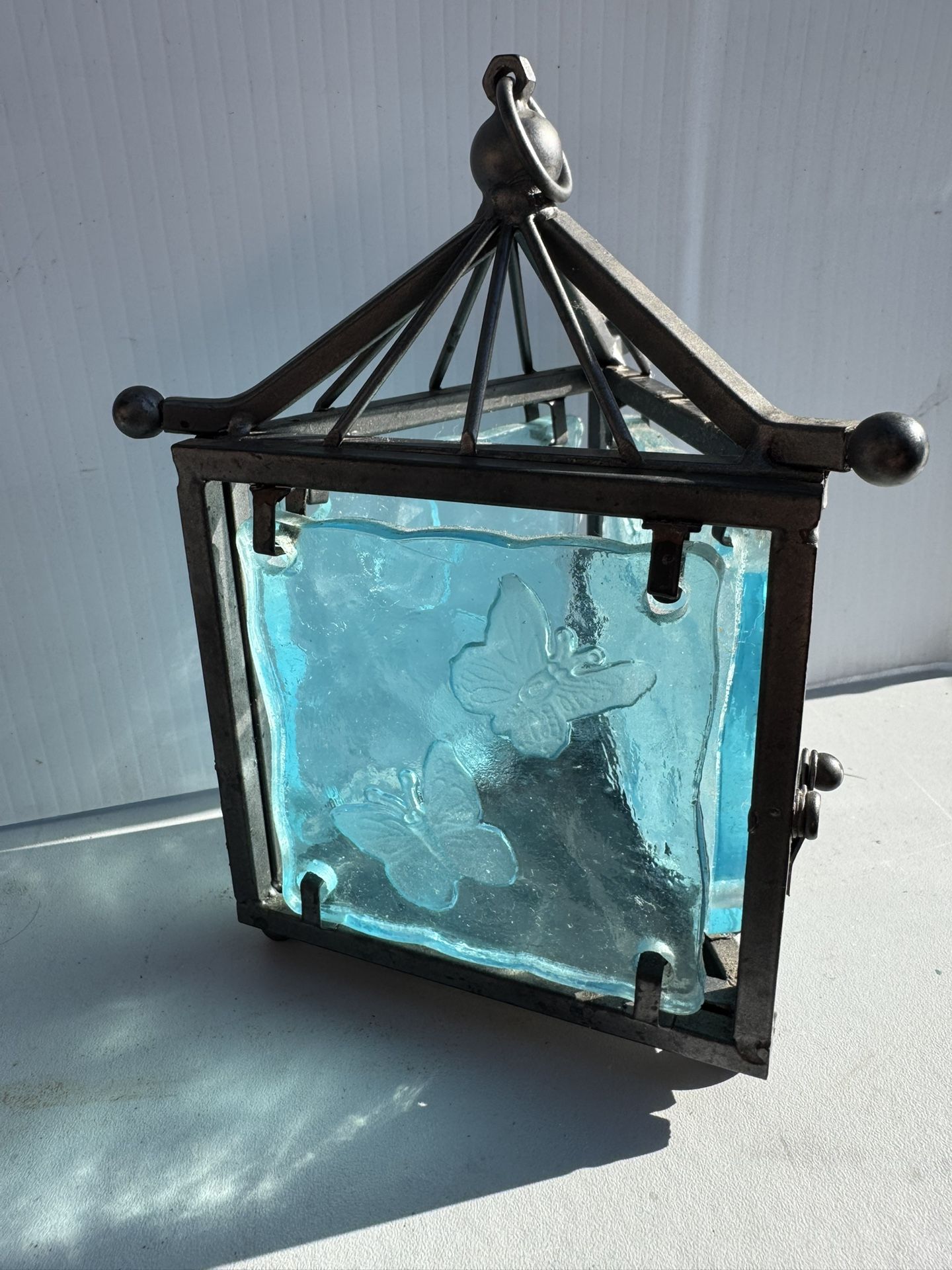Unique metal and blue glass w/ butterfly decor candle holder 7” x 5” table/hang