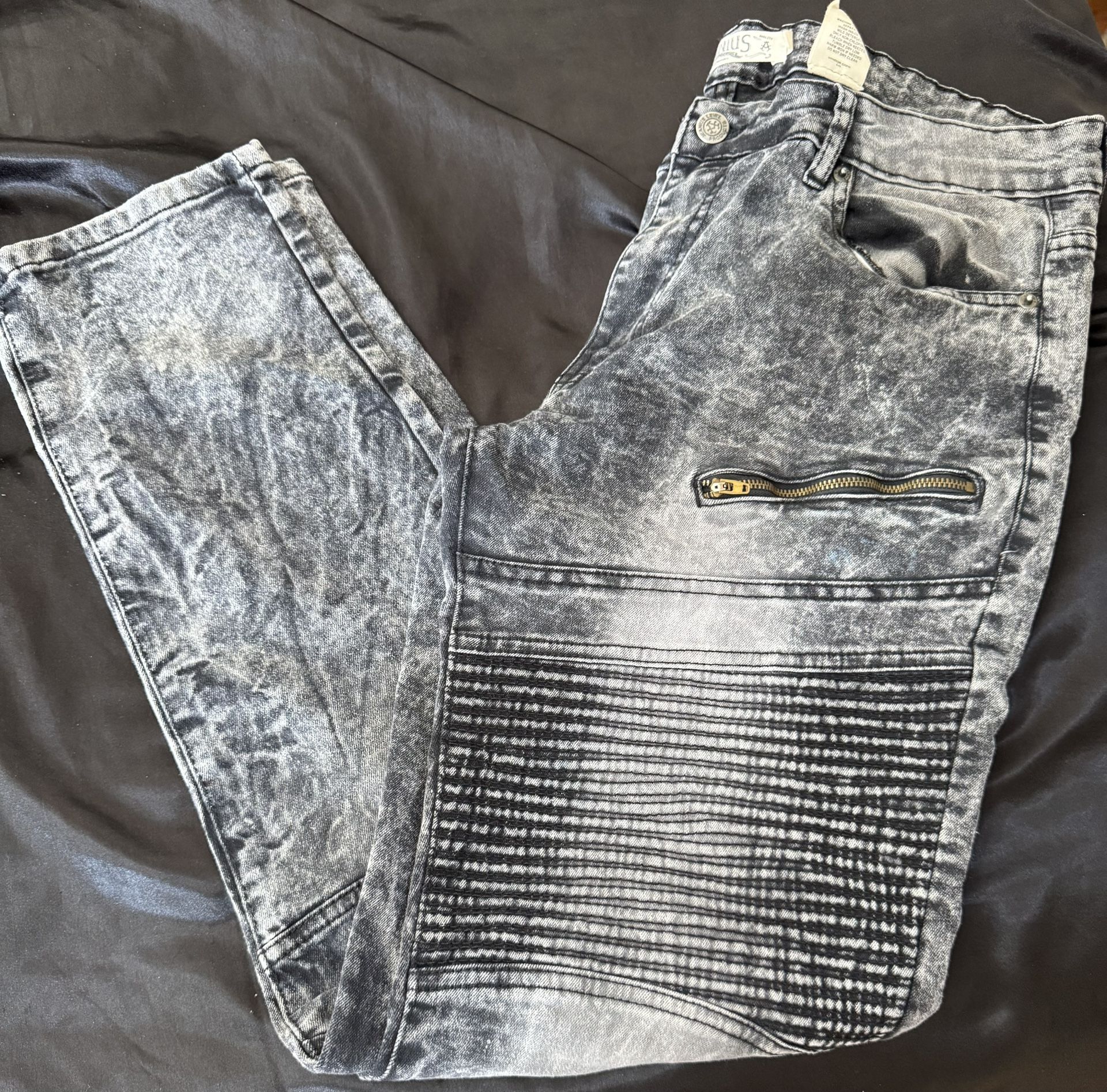 ( NICE ) Jeanius Akademiks Jeans Mens Slim Fit Black Faded Zippers Acid Wash