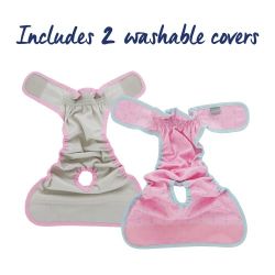 Set of two washable diaper covers in pink and gray. Easy to use and reusable.