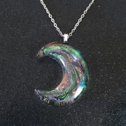 Multicolor color shift cresent moon pendant on 23" silver necklace new resin 