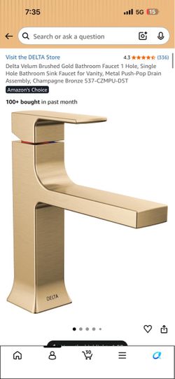Delta Velum Champaign bronze Bathroom Faucet 1 Hole, Single Hole Bathroom Sink Faucet for Vanity, Metal Push-Pop Drain Assembly, Champagne Bronze 537-