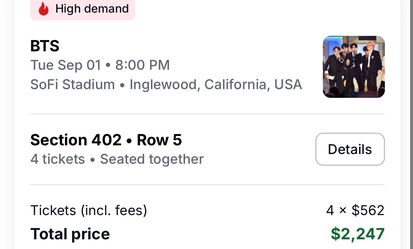 BTS TIX. SEPT 1 2026 *4 tickets for sale”