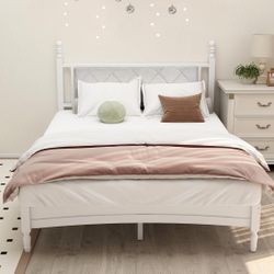 Queen Bed Frame with Fabric Upholstered Headboard, Solid Rubber Wood Foundation , White