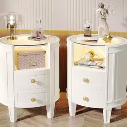 New assembled Set of 2 Nightstand with LED Glass Tabletop, Modern Ivory White Nightstand with 2 Drawers, No Assembly Required, Oval Bedside Table for 