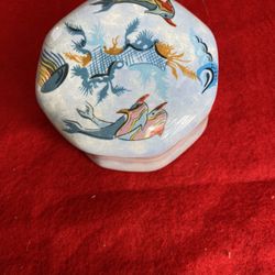 3.5 Inch x 2 Inch Handmade In Greece Ceramic Greek White Pottery Ocean Design Jewelry Box Imported From Greece (4 available)