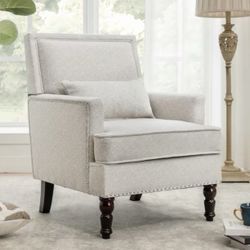 35 in. Beige Fabric Classic Accent Chair Solide Wood Upholstered Armchair with Cushion Nailheads