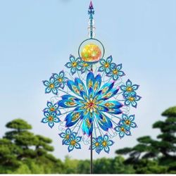 75” Large Solar Wind Spinner, Metal Yard Spinners with Solar Powered Glass Ball, Kinetic Dual Direction Windmill Sculptures for Outdoor Yard Lawn Pati