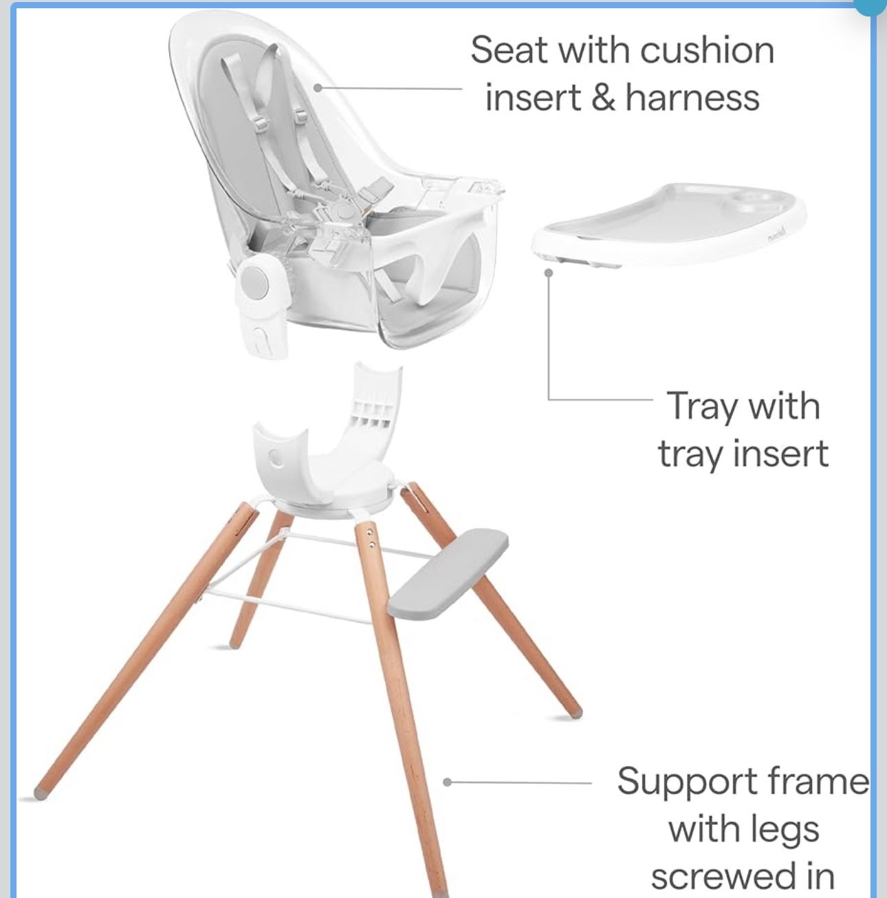 Munchkin® 360° Cloud™ Baby and Toddler High Chair with Clear Seat and 360° Swivel, White and Grey with Wooden Legs