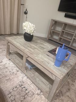 Rustic Whitewash Wood Coffee Table with Shelf