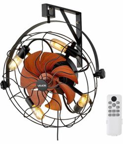 VEVOR 21 Inch Wall Mounted Fan with Lights, Ceiling Fan with Remote, 6-Speed Plug-in Wall Fan with Timer, 360° Tilt, for Bedroom, Garage, Workshop, Fi