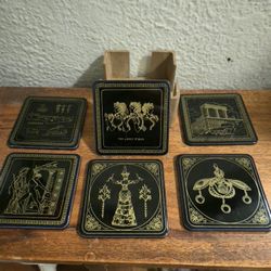 6 Vintage Stoneware Greece Souvenir Coasters in Holder