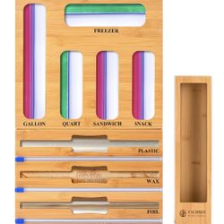 9‑in‑1 Bamboo Foil & Plastic Wrap Organizer – Kitchen Drawer Storage with Labels