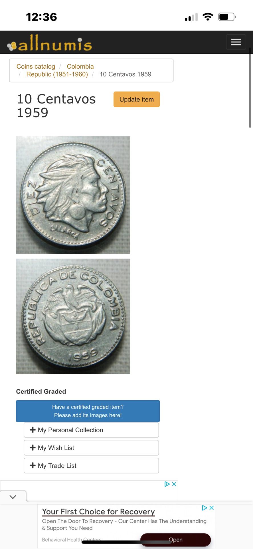 1959 Colombia 10 Centavos 