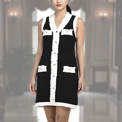 London Times Women’s Black White Contrast Trim V Neck Waffle Knit Mini Dress XL