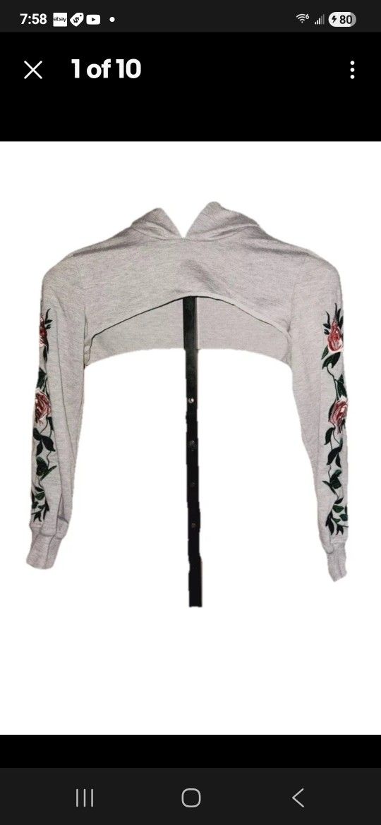 Zaful Women Gray Sweatshirt S Cropped Embroidered Roses Flowers Hooded Beach