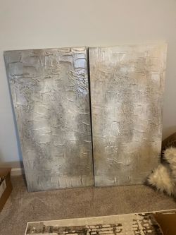 Set of 2 Oversized Textured Abstract Canvas Wall Art – Neutral Silver/Cream