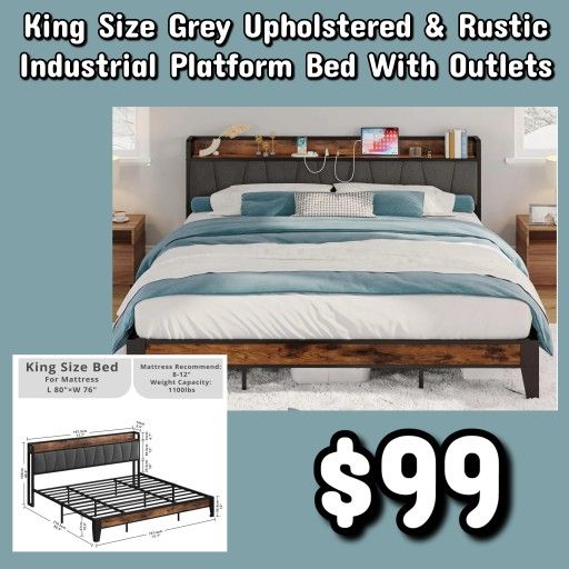 NEW Grey Upholstered & Rustic Industrial Platform Bed With Outlets: njft