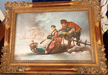 Large Oil Painting – Rococo Winter Sleigh Scene in Ornate Gold Frame