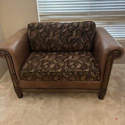 Vintage Couch Brown Leather And Paisley Rolled arm 57” 