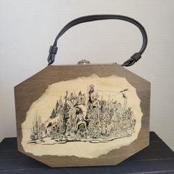 Vintage Wooden Box Purse Handbag Leather Handle Decoupage Ink Art 6.5"x8.5"x4"